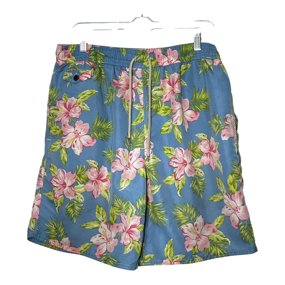 Polo Ralph Lauren‎ Mens Blue Hibiscus Floral Tropical Swim Trunks Board Shorts